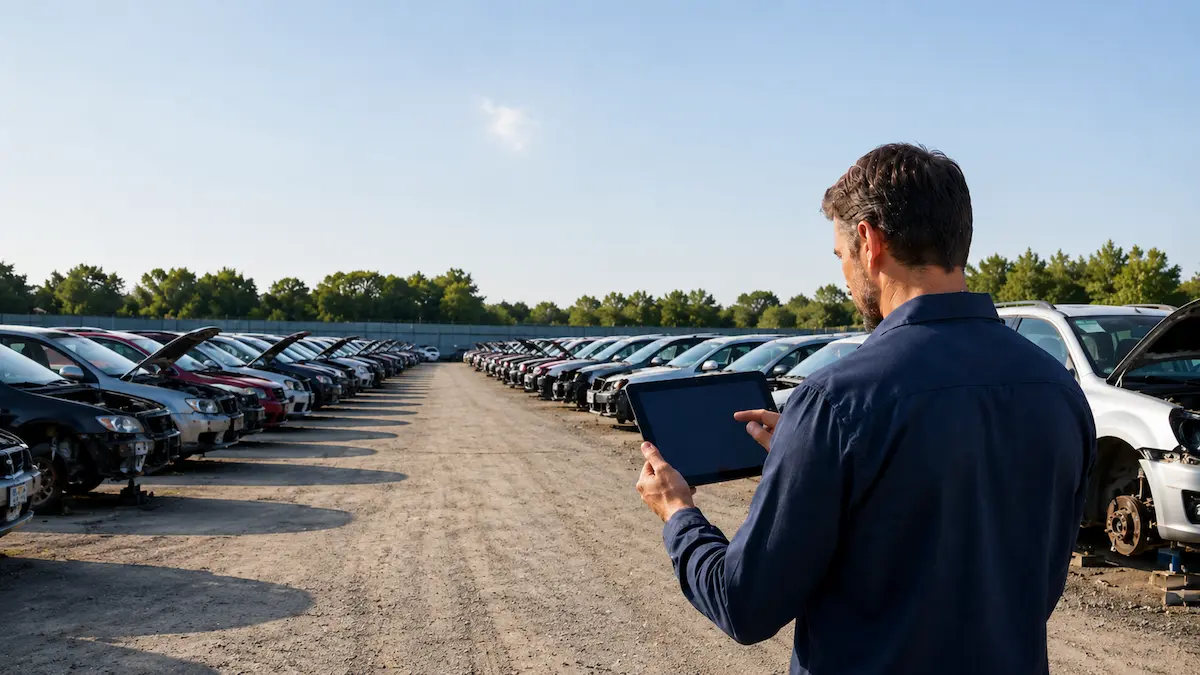 Man looking at tablet while standing in salvage yard