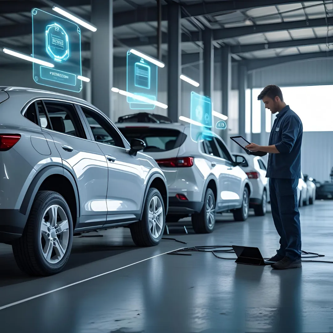 A modern auto salvage yard with rows of vehicles and a technician using a tablet, featuring subtle digital overlays suggesting inventory management and technological upgrades.