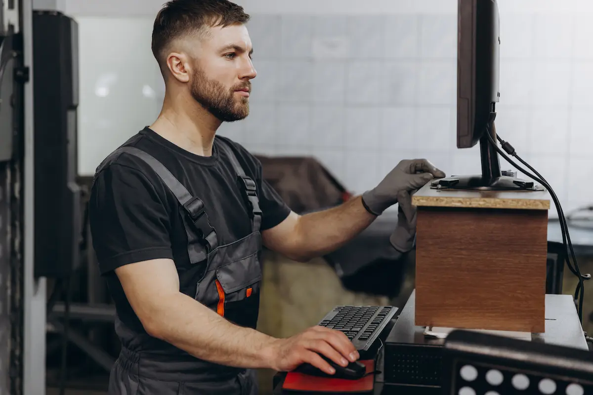 Mechanic at salvage yard using a computer